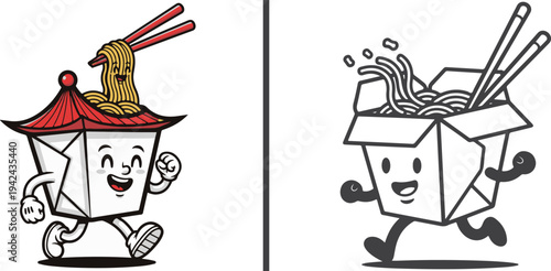 A side-by-side illustration featuring a takeout box mascot wearing a pagoda-style roof hat, paired with a simple black-and-white line-art version of a happy, running takeout box character.