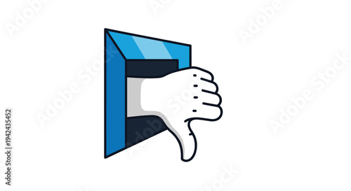 Hand performing a thumbs-down gesture coming through a blue frame representing disapproval, rejection, or a negative review.