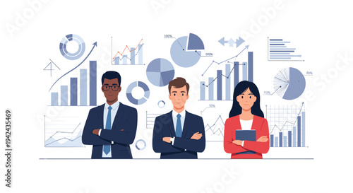 Three diverse business professionals standing with arms crossed in front of a wall covered in various data charts and graphs.