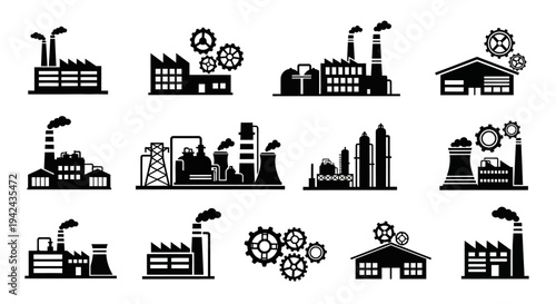 Black industrial factory buildings, power plants and gear icons