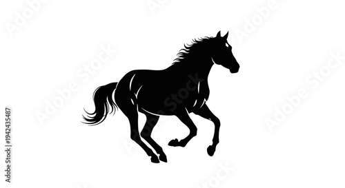 Black horse silhouette galloping with elegant movement on white