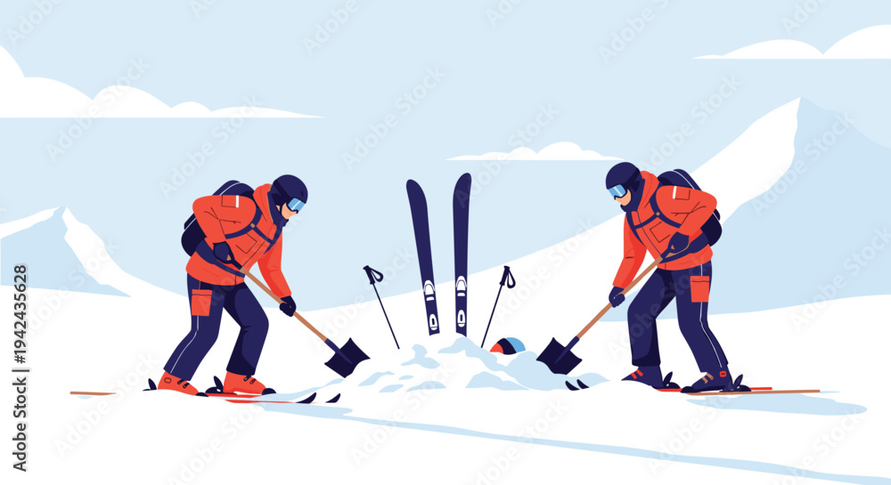 Obraz premium Two rescue workers in bright orange gear using shovels to dig out a buried person in a snowy mountain landscape.