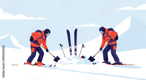 Two rescue workers in bright orange gear using shovels to dig out a buried person in a snowy mountain landscape.
