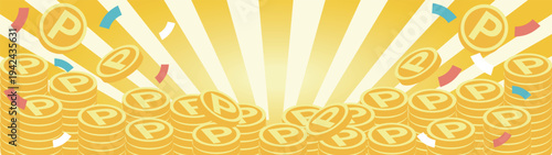 Golden coins falling with confetti background. Image of wealth, savings, and success.