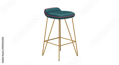 Modern high-top bar stool featuring a comfortable teal padded seat with red trim and a sleek gold wire frame base.