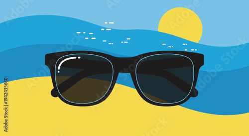 Black sunglasses on sandy beach with ocean and sun