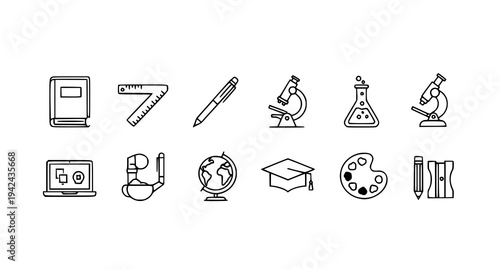A set of educational icons including school supplies and science equipment