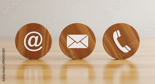 Contact Symbols on Wooden Disks: Captivating image showcases three distinct contact method icons—email, mail, and phone—skillfully carved on circular wooden disks.