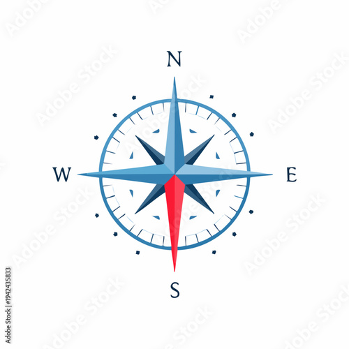 Blue and red compass icon showing North South East West