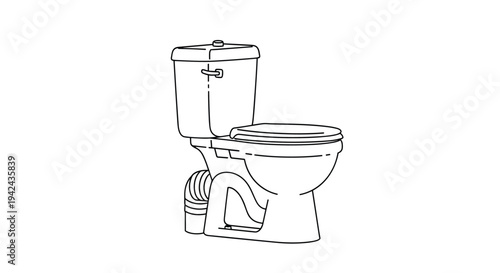 Simple black and white line drawing of a standard ceramic toilet with a water tank and seat from a side perspective.