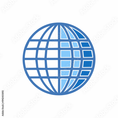Blue and white minimalist globe grid network symbol