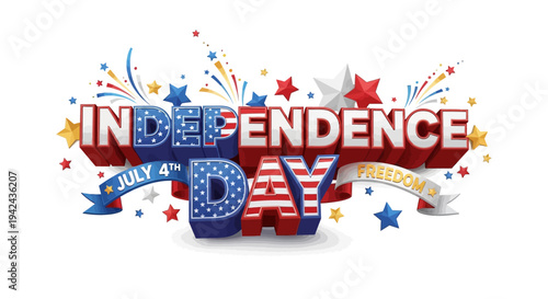 Independence Day Celebration Text with Stars Fireworks.
