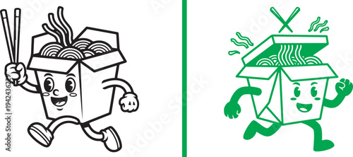 A side-by-side comparison of two running takeout box mascots: one in classic black-and-white line art, and the other a stylized version in green monochrome.