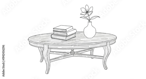 Elegant hand-drawn sketch of vintage oval coffee table featuring stack of books and flower in ceramic vase in minimalist style.