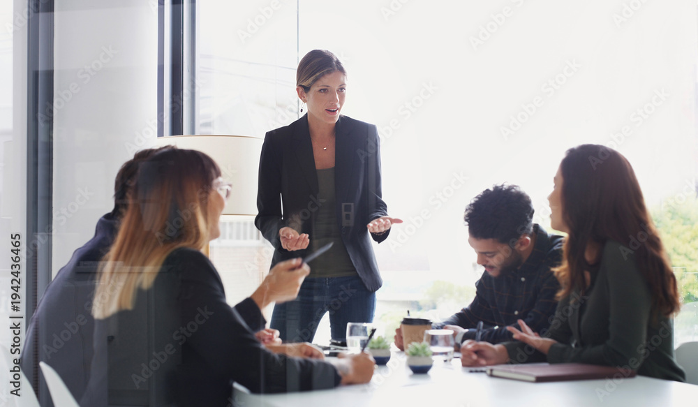 Obraz premium Presenter, coaching and business woman with team for compliance, briefing or pitch idea in office. Presentation, speaking and group in meeting for policy planning, training and strategy in company