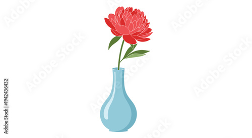 Simple and elegant illustration of single vibrant red flower placed inside light blue ceramic vase against white background.