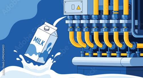 Fresh milk carton splashing into pool of liquid milk in front of complex industrial processing machinery in blue themed factory setting.