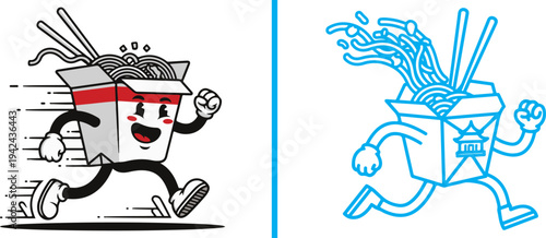 Two dynamic vector illustrations of running cartoon takeout boxes with noodles: one features a classic red-accented style, and the other is a simplified, bright blue line-art mascot.