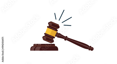 Classic brown wooden judge gavel on sound block with impact lines symbolizing authority, legal judgment, and justice system decisions.