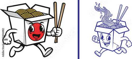 A side-by-side comparison of a cheerful takeout box mascot holding chopsticks, shown as a full-color graphic next to a simplified, blue-line art version of the same character in motion.