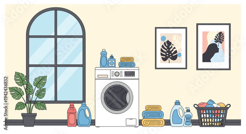 Clean and organized laundry room interior featuring front-loading washing machine, folded towels, detergent bottles, and houseplant.