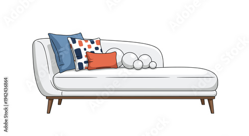 Modern white chaise lounge sofa adorned with stylish blue and orange accent pillows and decorative white orbs for home interior.