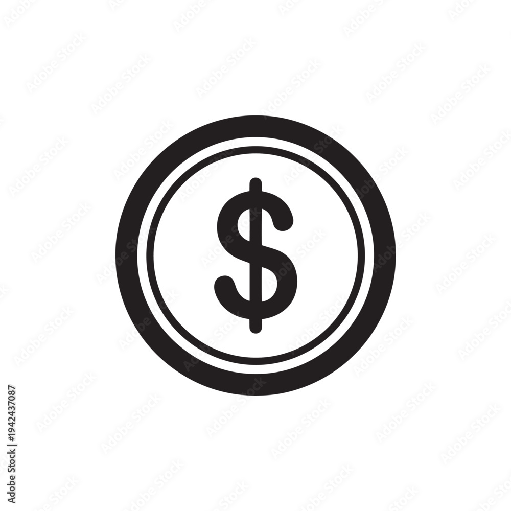 Obraz premium Solid Black Dollar Coin Icon, Simple Finance Investment Symbol, Isolated on White Background