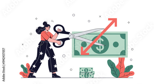 Woman using giant scissors to cut through large dollar bill and declining red arrow symbolizing budget cuts or inflation control.