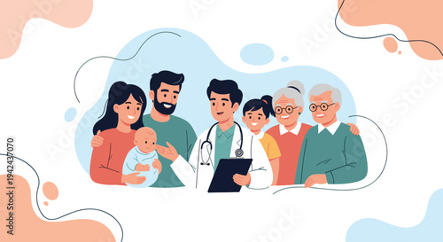 Kind male doctor holding clipboard while consulting with multi-generational family including parents, children, and grandparents in colorful art.