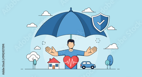 Protective man holding large umbrella over symbols for home, heart health, and car representing comprehensive insurance and security coverage.