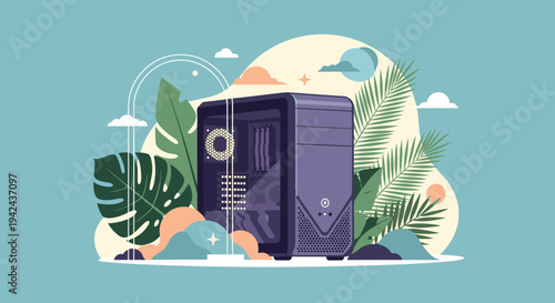 Powerful computer tower case showcased among lush tropical green leaves and soft pastel cloud background in artistic technology concept.