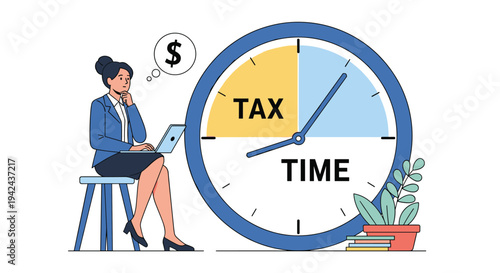 Focused woman working on laptop next to giant clock showing tax time deadline representing financial planning and accounting duties.