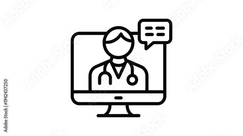 Vector icon of a computer screen showing a doctor, representing a virtual doctor assistant, line style with editable stroke, telemedicine and online healthcare concept illustration.