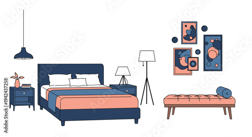 Stylish modern bedroom interior featuring blue bed frame, coral bedding, matching bench, bedside tables, and abstract wall art.