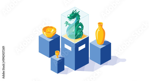 Museum exhibit showing mythological green dragon statue in glass case alongside golden artifacts on blue pedestals in isometric view.