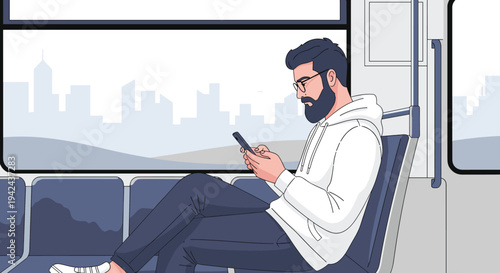 Young man wearing white hoodie and glasses sitting on public transit train using his smartphone during city commute.