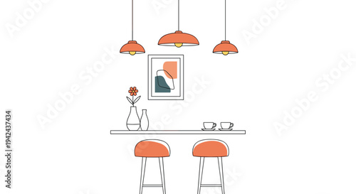 Modern kitchen or cafe interior with a white counter stools orange pendant lights and wall art in a clean and minimalist line illustration style.