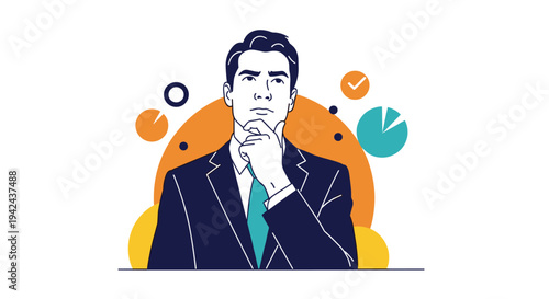 Pensive businessman in a suit with hand on chin surrounded by data charts and graphs representing analysis and strategic corporate planning.