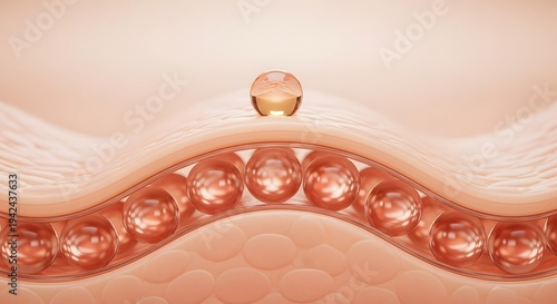 Macro skin layers with gold pearls and serum drop for collagen boost and firming cosmetic treatment 3d illustration
