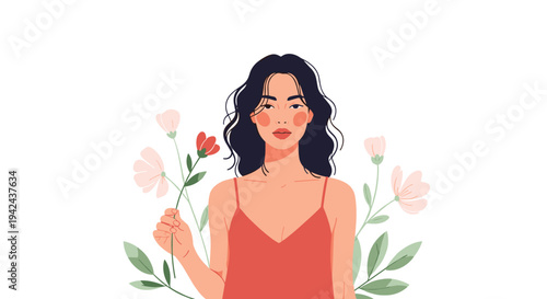 Beautiful young woman with dark hair wearing a red dress and holding flowers against a minimalist floral background in a flat illustration style.