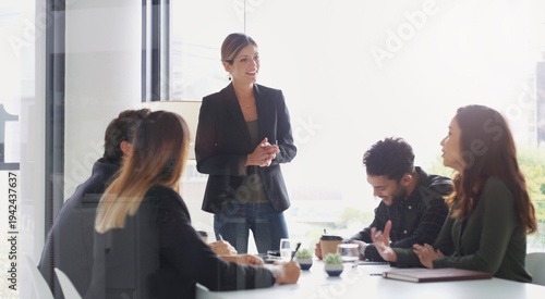Cuadro en lienzo Presenter, planning and business woman with team for compliance, coaching or pitch idea in office