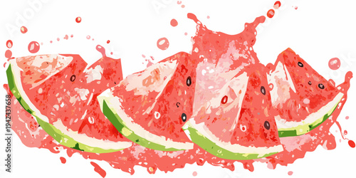 A vibrant splash of watermelon slices and juice with seeds