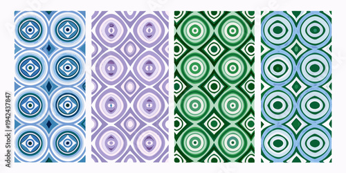 Four seamless patterns featuring concentric circles and diamond shapes