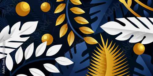 Golden tropical leaves and fruit against a dark blue background