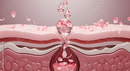 Macro skin layers with rose petals and serum drops for botanical skincare and organic tissue repair 3d illustration