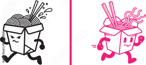 Two vector illustrations of cheerful cartoon takeout boxes with noodles running, one in a classic black-and-white style and the other in a vibrant pink monochromatic design.