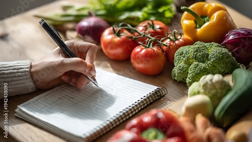 Person writing a grocery list in a notebook beside fresh vegetables including tomatoes, broccoli, bell peppers, and onions on a wooden kitchen table. Organized meal planning scene