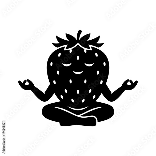 Meditating strawberry in lotus position on transparent background silhouette