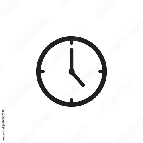 Simple Black Clock Icon, Time Management Productivity Flat Logo on White Background