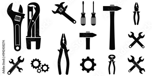 Hand tools silhouettes, mechanical components, wrench,, maintenance, workshop, vector, black icons, engineering, hardware, equipment, toolkit, machinery, labor, flat vector illustration